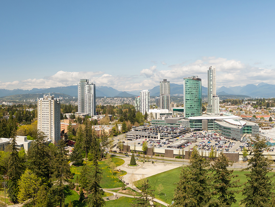 Panoramic view of Surrey Central Mall during a sunny day. Taken in Greater Vancouver, British Columbia, Canada.